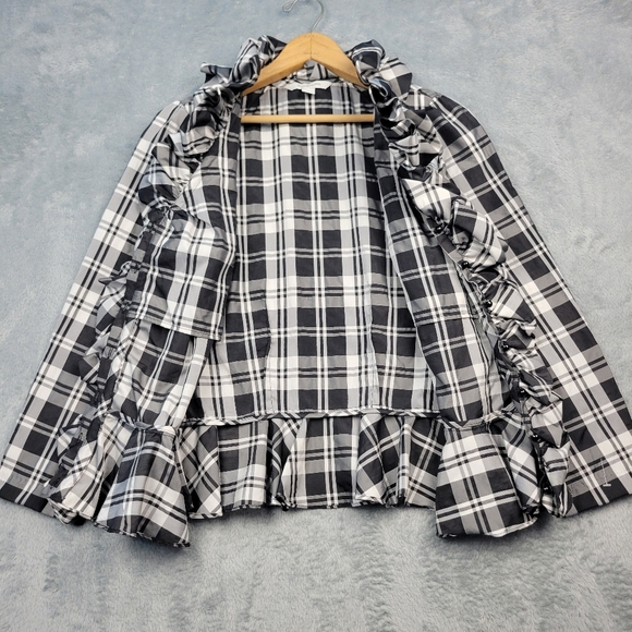 Boston Proper Womens Blouse Size 10 Peplum Hidden Button Up Black White Ruffle - Picture 7 of 13